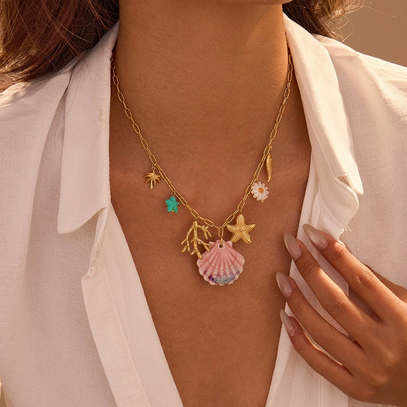 Wholesale Stainless Steel Geometric Pattern Electroplated Ocean Style Women's Necklace