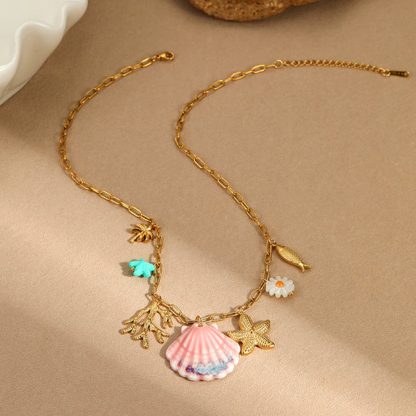 Wholesale Stainless Steel Geometric Pattern Electroplated Ocean Style Women's Necklace