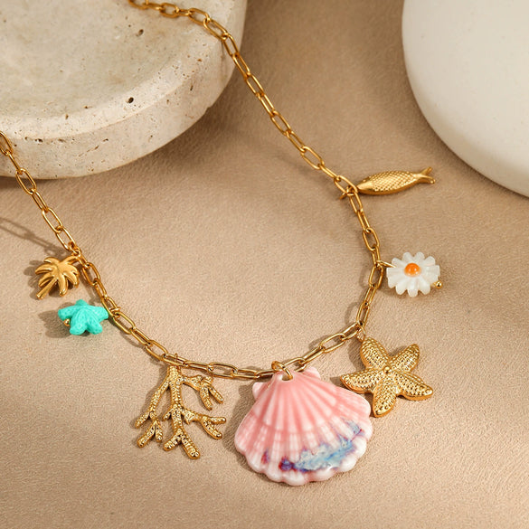 Wholesale Stainless Steel Geometric Pattern Electroplated Ocean Style Women's Necklace