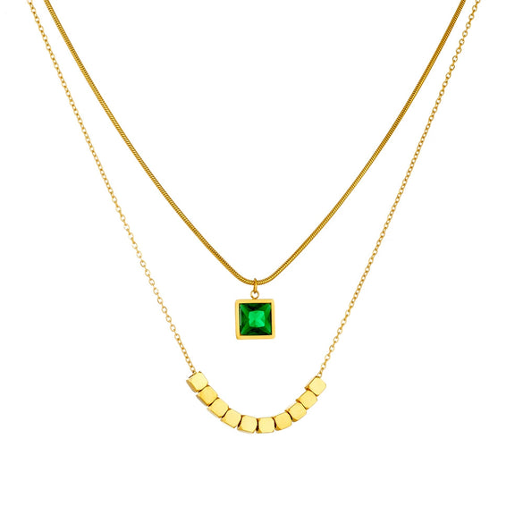 Wholesale Stainless Steel Geometric Pattern Fashion Retro Double Gold Plated Beaded Pendant Necklace For Women