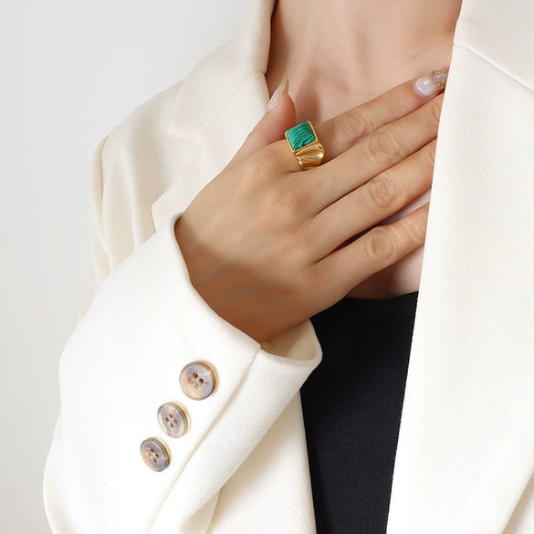 Wholesale Stainless Steel Geometric Pattern Inlaid Tiger Eye Stone Unisex Ring Fashion Hand Jewelry