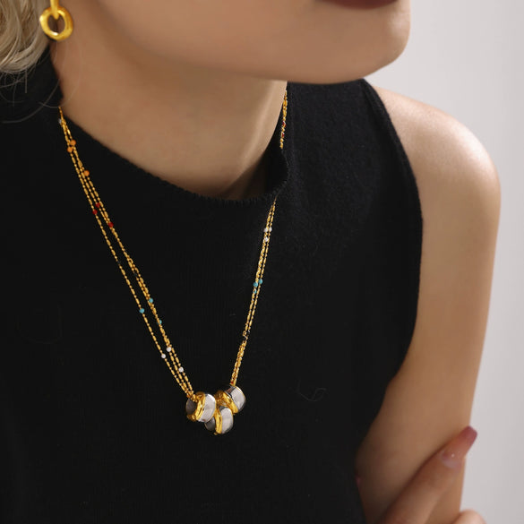 Wholesale Stainless Steel Geometric Pattern Light Luxury Pendant Multi Layer Rice Bead Necklace With Brushed And Electroplated Treatment For Women