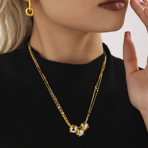 Wholesale Stainless Steel Geometric Pattern Light Luxury Pendant Multi Layer Rice Bead Necklace With Brushed And Electroplated Treatment For Women