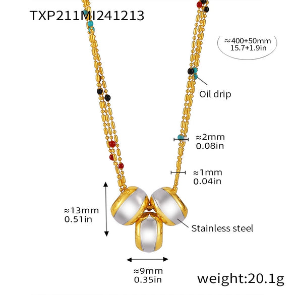 Wholesale Stainless Steel Geometric Pattern Light Luxury Pendant Multi Layer Rice Bead Necklace With Brushed And Electroplated Treatment For Women