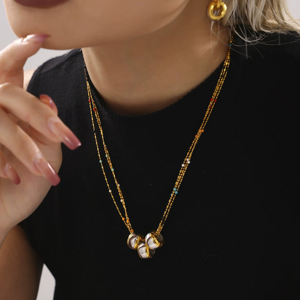 Wholesale Stainless Steel Geometric Pattern Light Luxury Pendant Multi Layer Rice Bead Necklace With Brushed And Electroplated Treatment For Women