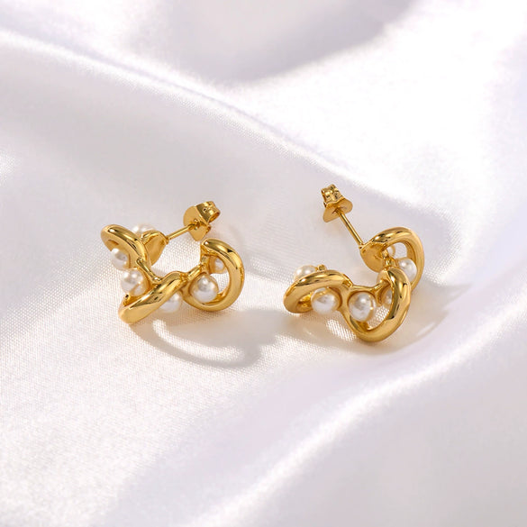 Wholesale Stainless Steel Geometric Pearl C Shaped Hollow Shiny Earrings For Ladies With 18K Vacuum Plating In Furnace