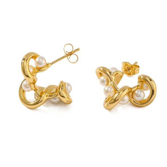 Wholesale Stainless Steel Geometric Pearl C Shaped Hollow Shiny Earrings For Ladies With 18K Vacuum Plating In Furnace