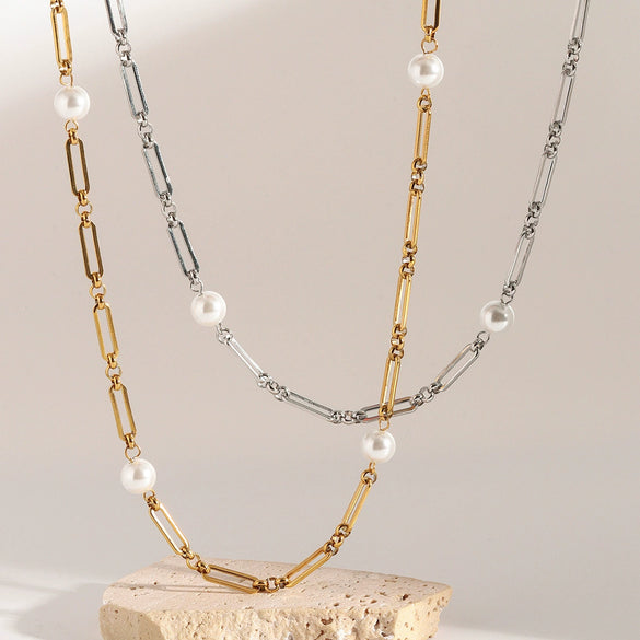 Wholesale Stainless Steel Geometric Pearl Necklace With Electroplating For Women