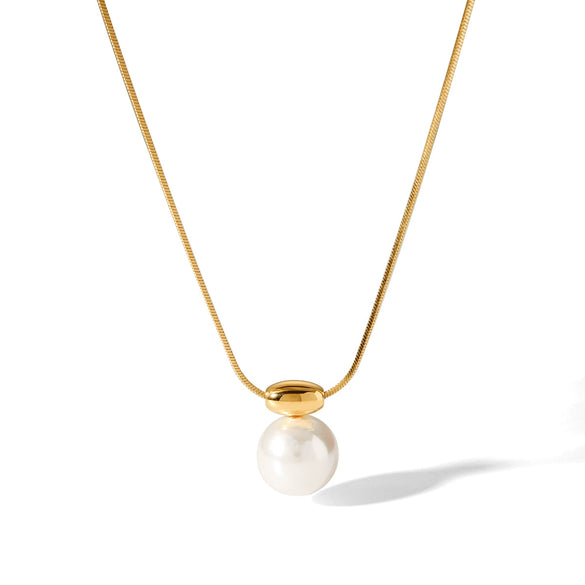 Wholesale Stainless Steel Geometric Pearl Pendant Clavicle Necklace Jewelry With Snake Bone Chain And Electroplating