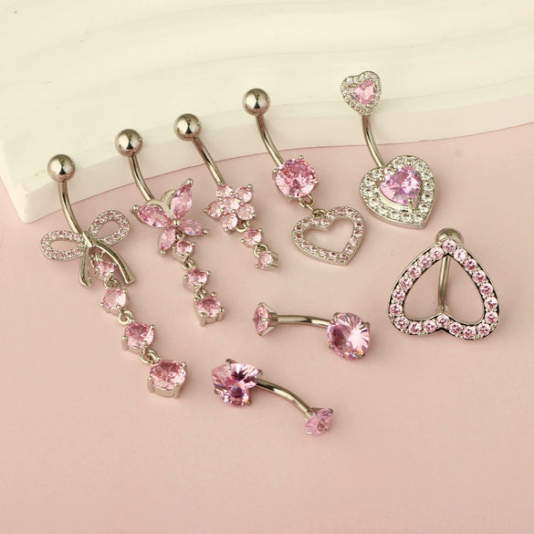Wholesale Stainless Steel Geometric Pink Butterfly Pendant Umbilical Ring Piercing Jewelry Electroplated