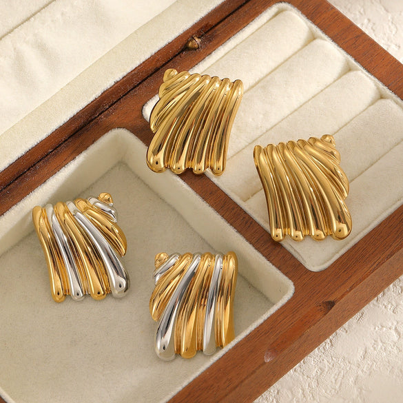 Wholesale Stainless Steel Geometric Pleated Texture Women's Earrings With Pvd Furnace Vacuum Real Gold Plating