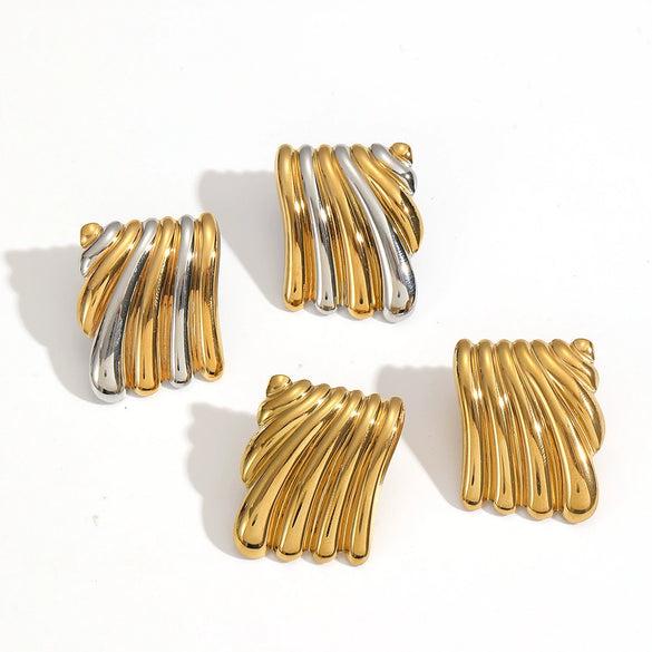 Wholesale Stainless Steel Geometric Pleated Texture Women's Earrings With Pvd Furnace Vacuum Real Gold Plating