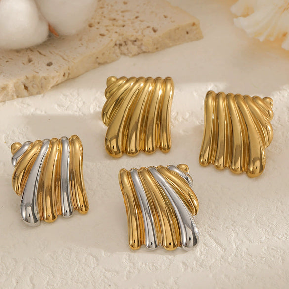 Wholesale Stainless Steel Geometric Pleated Texture Women's Earrings With Pvd Furnace Vacuum Real Gold Plating