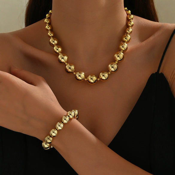 Wholesale Stainless Steel Geometric Punk Style Ball Bead Necklace And Bracelet Jewelry Set