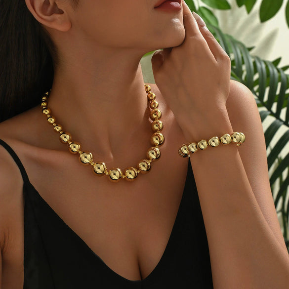 Wholesale Stainless Steel Geometric Punk Style Ball Bead Necklace And Bracelet Jewelry Set
