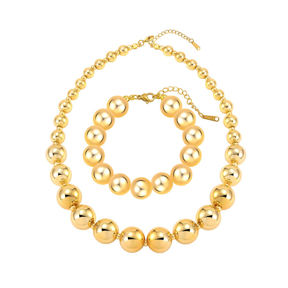 Wholesale Stainless Steel Geometric Punk Style Ball Bead Necklace And Bracelet Jewelry Set