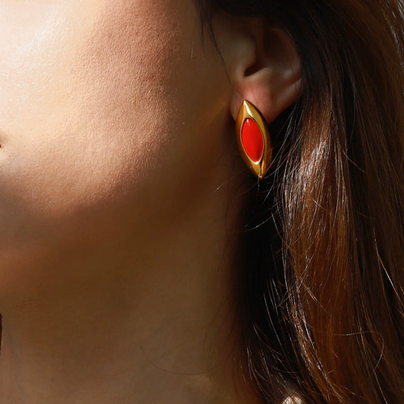 Wholesale Stainless Steel Geometric Red Agate Earrings With Electroplating And Horse Eye Design