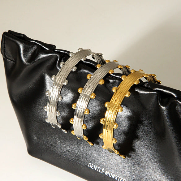 Wholesale Stainless Steel Geometric Retro Pleated Gold Bean Open Electroplated Bracelet Accessories