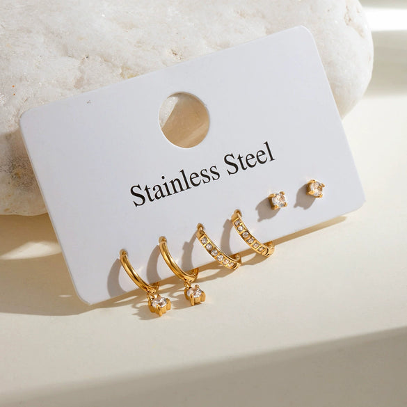 Wholesale Stainless Steel Geometric Rhinestone Ear Buckle Earrings Set Electroplated For Women