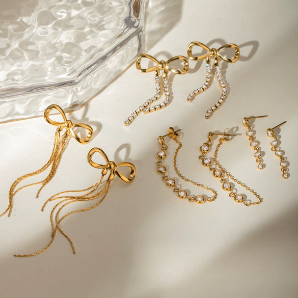 Wholesale Stainless Steel Geometric Rhinestone Long Tassel Bow Earrings For Women With Electroplating