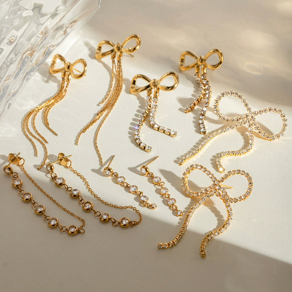 Wholesale Stainless Steel Geometric Rhinestone Long Tassel Bow Earrings For Women With Electroplating