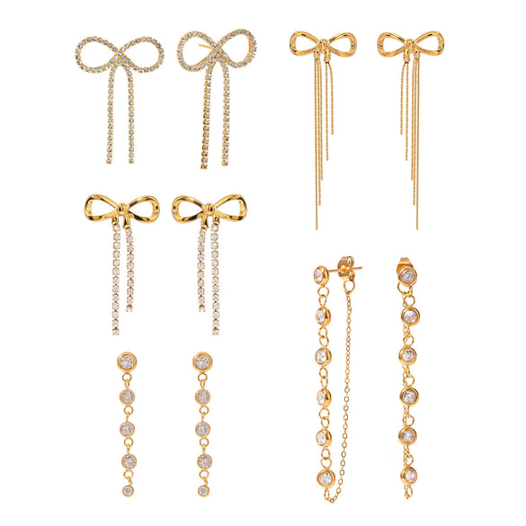 Wholesale Stainless Steel Geometric Rhinestone Long Tassel Bow Earrings For Women With Electroplating
