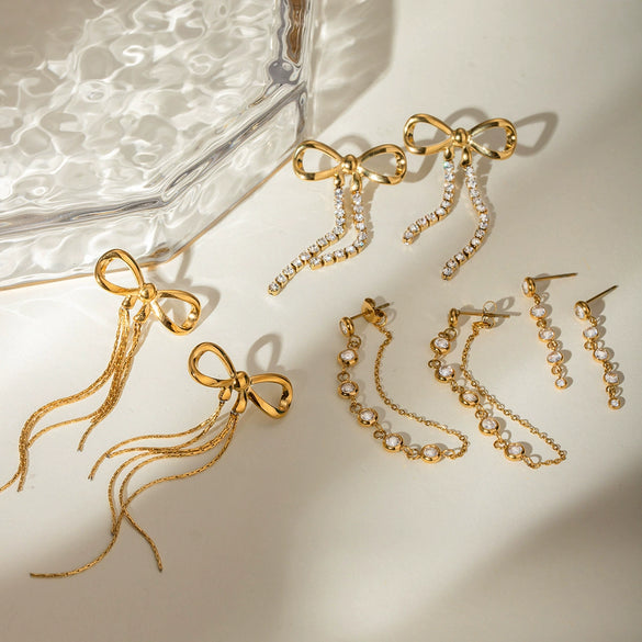 Wholesale Stainless Steel Geometric Rhinestone Long Tassel Bow Earrings For Women With Electroplating
