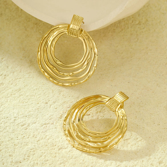 Wholesale Stainless Steel Geometric Ring Hollow Pendant Earrings Vintage Style Jewelry For Women Electroplated
