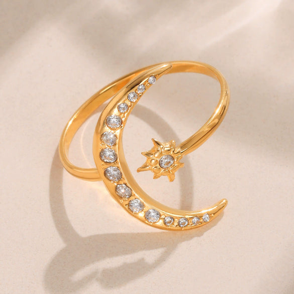 Wholesale 316L Stainless Steel Geometric Ring With Star And Moon Asymmetrical Design Electroplated For Women