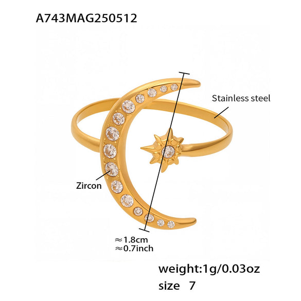 Wholesale 316L Stainless Steel Geometric Ring With Star And Moon Asymmetrical Design Electroplated For Women