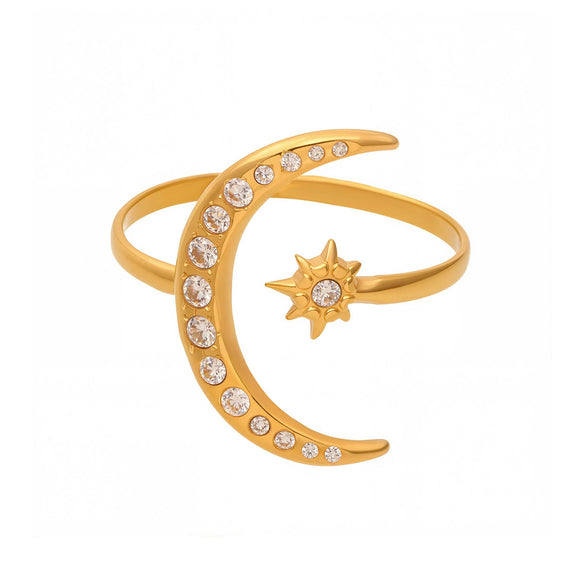 Wholesale 316L Stainless Steel Geometric Ring With Star And Moon Asymmetrical Design Electroplated For Women