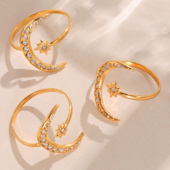 Wholesale 316L Stainless Steel Geometric Ring With Star And Moon Asymmetrical Design Electroplated For Women