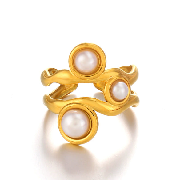Wholesale Stainless Steel Geometric Round And Irregular Pearl Ring For Women With Electroplating