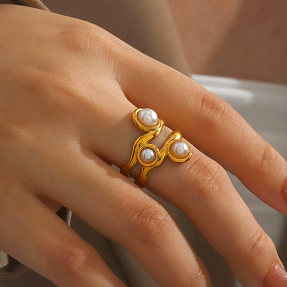 Wholesale Stainless Steel Geometric Round And Irregular Pearl Ring For Women With Electroplating
