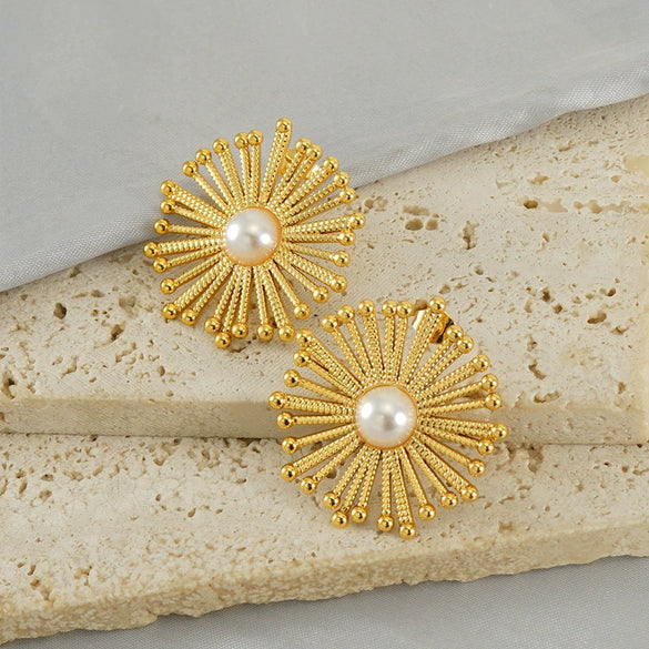 Wholesale Stainless Steel Geometric Round Dandelion Flower Pearl Earrings For Women Electroplated