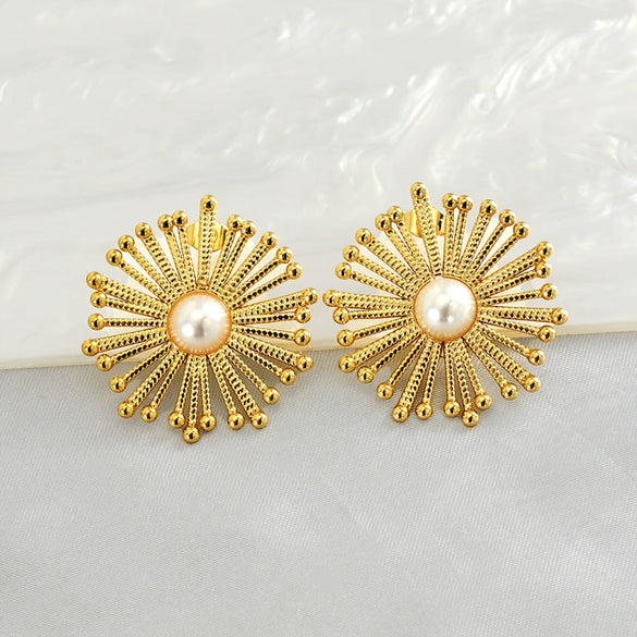 Wholesale Stainless Steel Geometric Round Dandelion Flower Pearl Earrings For Women Electroplated