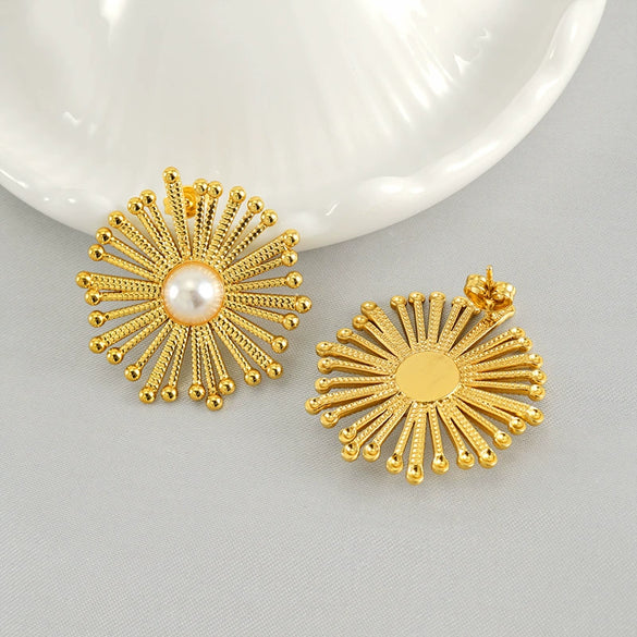 Wholesale Stainless Steel Geometric Round Dandelion Flower Pearl Earrings For Women Electroplated