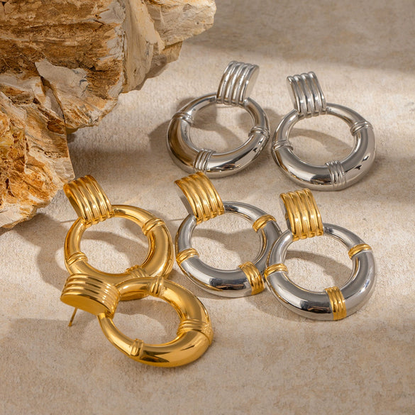 Wholesale Stainless Steel Geometric Round Hollow Rib Earrings With Electroplating Nonfading Jewelry