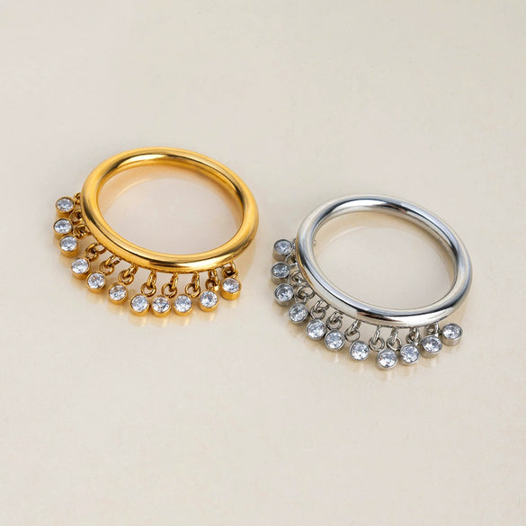 Wholesale Stainless Steel Geometric Round Zirconium Tassel Ring For Women Electroplated Jewelry