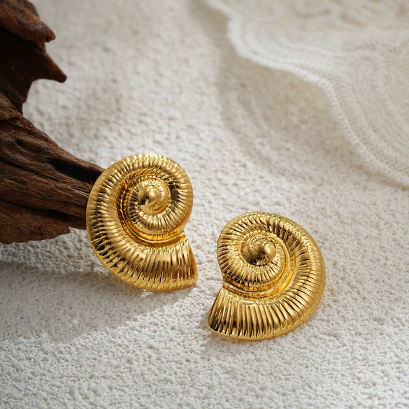Wholesale Stainless Steel Geometric Shape Conch Texture Electroplated Women's Earrings With Retro Niche Design