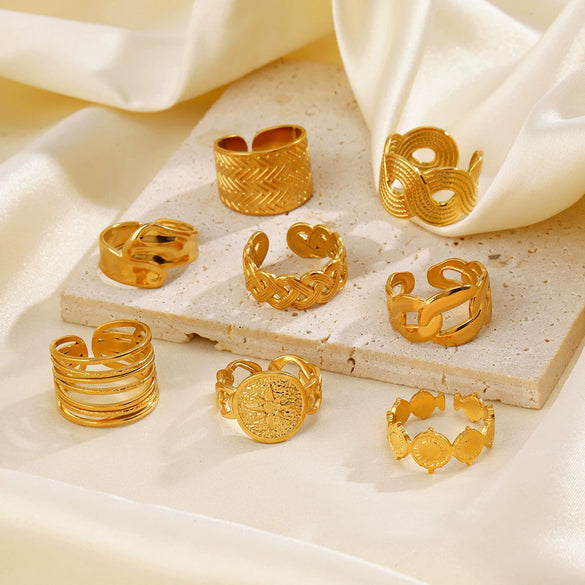 Wholesale Stainless Steel Geometric Shaped Opening Ring With Joker Line Cross Design And Electroplating