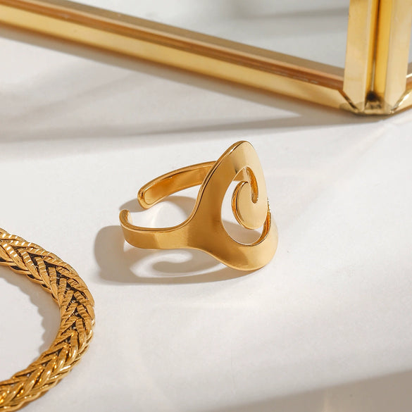 Wholesale Stainless Steel Geometric Spiral Cut Out Open Ring Jewelry With 18K Gold Electroplating