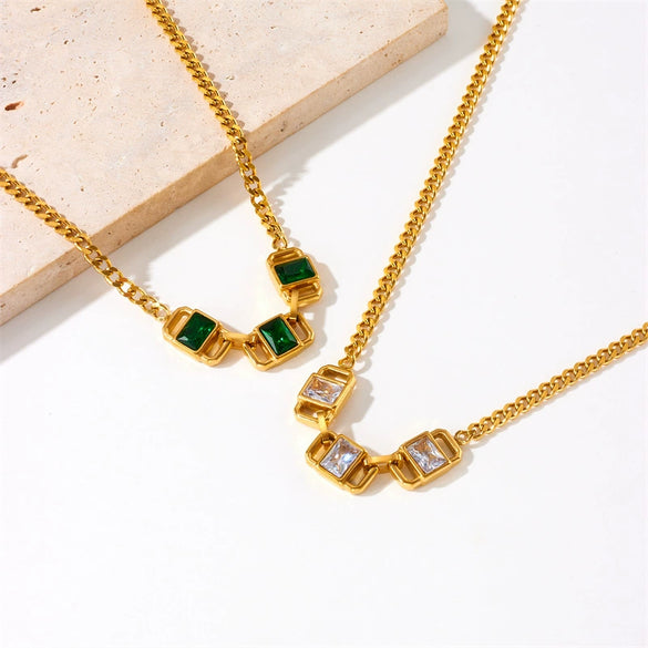 Wholesale Stainless Steel Geometric Square Inlaid Emerald Rhinestone Chain Necklace For Women With Electroplating