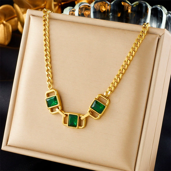 Wholesale Stainless Steel Geometric Square Inlaid Emerald Rhinestone Chain Necklace For Women With Electroplating