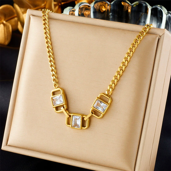 Wholesale Stainless Steel Geometric Square Inlaid Emerald Rhinestone Chain Necklace For Women With Electroplating