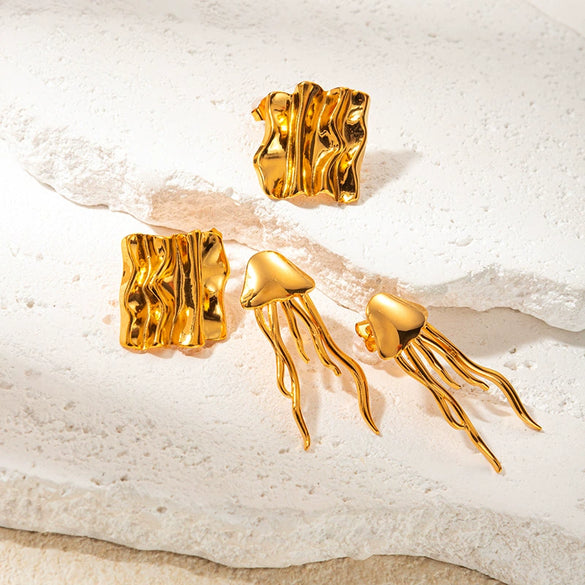 Wholesale Stainless Steel Geometric Square Pleated Jellyfish Long Tassel Earrings With Real Gold Electroplated For Women