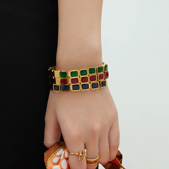 Wholesale Stainless Steel Geometric Square Stained Glass Stone 18K Gold Plated Bracelet Jewelry Accessories