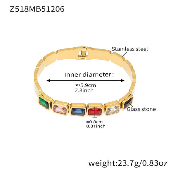 Wholesale Stainless Steel Geometric Square Stained Glass Stone 18K Gold Plated Bracelet Jewelry Accessories