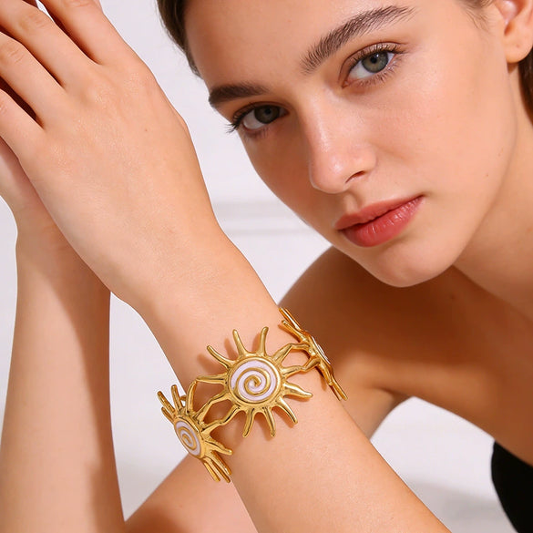 Wholesale Stainless Steel Geometric Stamped Open Bracelet With Sun Turbine Colorful Enamel Oil Drip