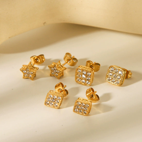 Wholesale Stainless Steel Geometric Star Stud Earrings For Women Electroplated With 18K Gold And Diamond Inlay